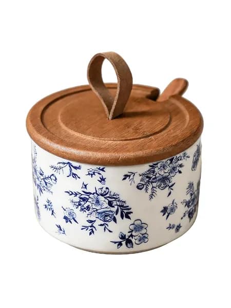 (1 шт.) Винтажная керамическая солонка с крышкой и ложкой - голубая мелкая роспись