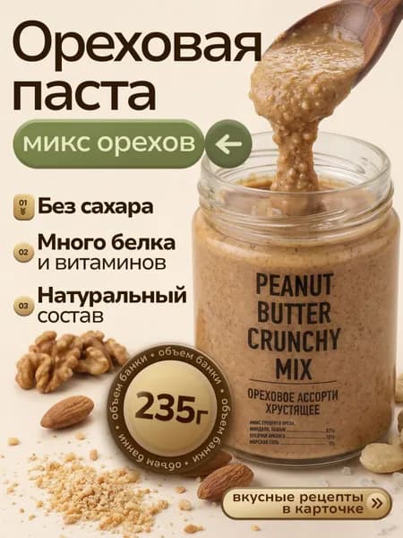 Ореховая паста Ассорти (кешью, миндаль, грецкий, арахис) 235гр без сахара кето