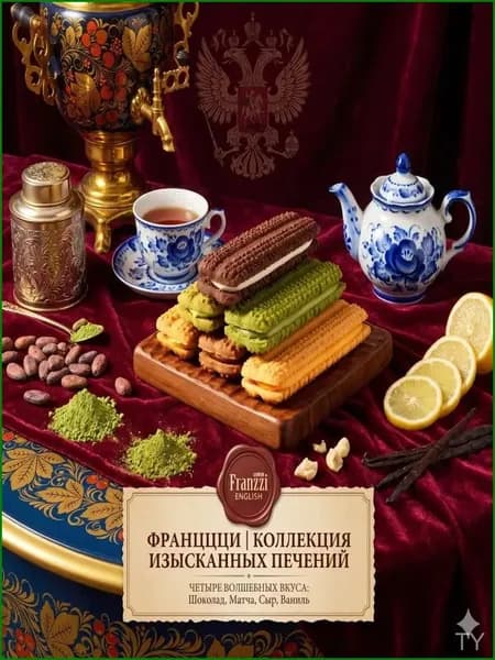 Популярный порционный снек к чаю либо кофе, хрустящее печенье Franzzi с плавящимся кремом помол 60 микрон и тремя вкусами шоколад, молоко и матча, тающее во рту