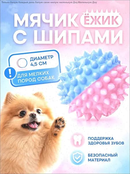 Игрушка для собак, мячик-ежик с шипами 4.5 см для мелких пород собак, мяч жевательный, розово-голубой