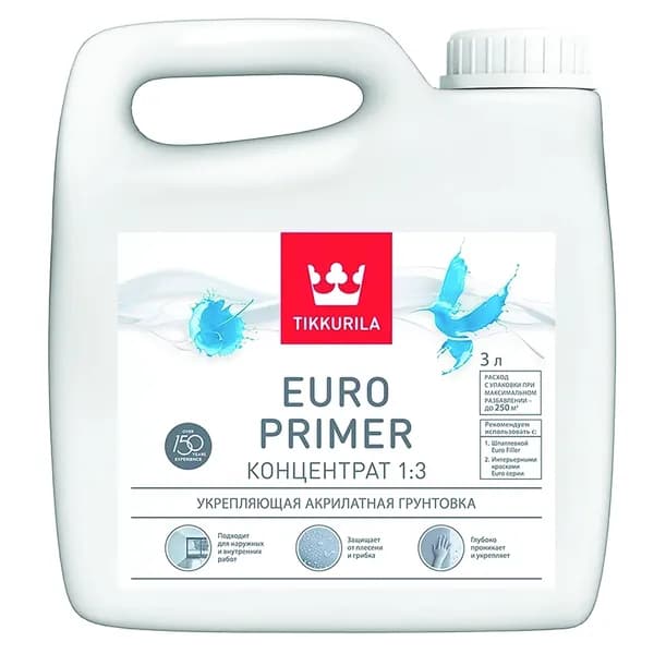 Tikkurila Euro Primer / Тикурила Евро Праймер 3 Л Грунтовка Акриловая (Концентрат) "Тиккурила"