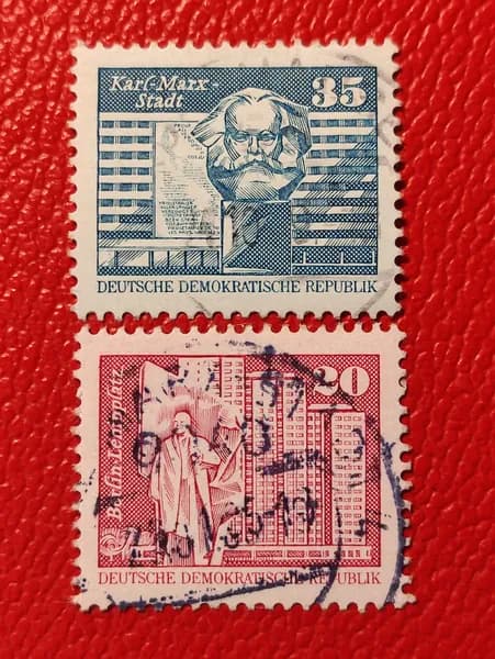 Марки Германия (ГДР) 1973. Памятники архитектуры. Серия: "Памятник Ленину на Ленин-плац + Здание на Карл-Маркс-Штадт". Гашение. См фото- след наклейки