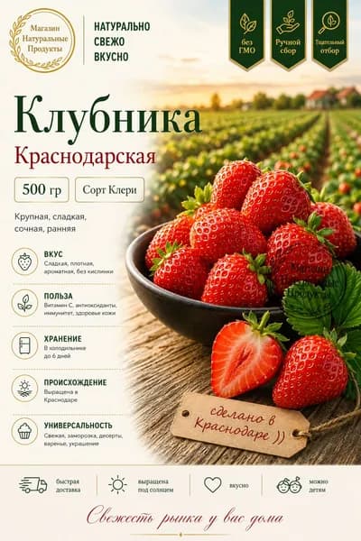 Клубника Клери свежая, Краснодар, 500 г ранний сорт, сладкая, ароматная