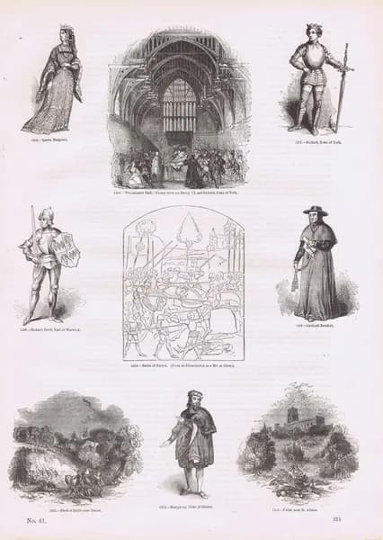 Старая Англия 160. Битва при Барнете, Маргарита Анжуйская, договор между Генрихом VI и герцогом Йоркским, кардинал Бофорт. Антикварная гравюра (ксилография). Англия, 1864 год