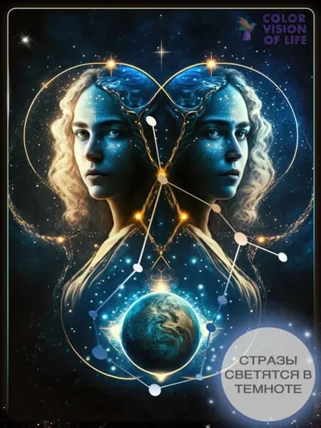 Алмазная мозаика "Близнецы" знак зодиака, светится в темноте