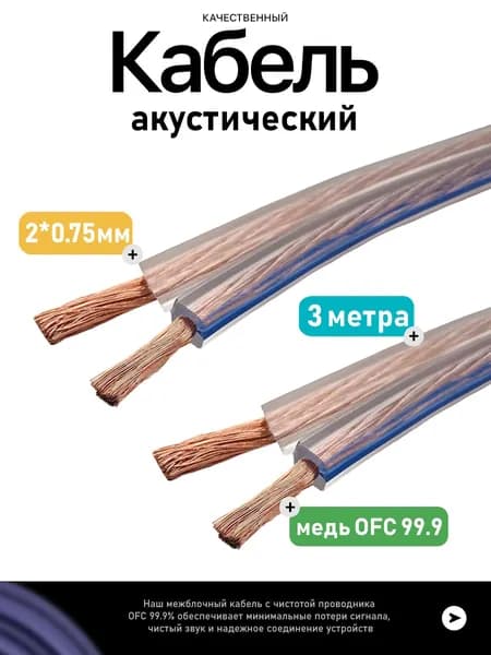 Кабель акустический 2х0,75 мм , 3 метра, бескислородная OFC медь, прозрачная изоляция