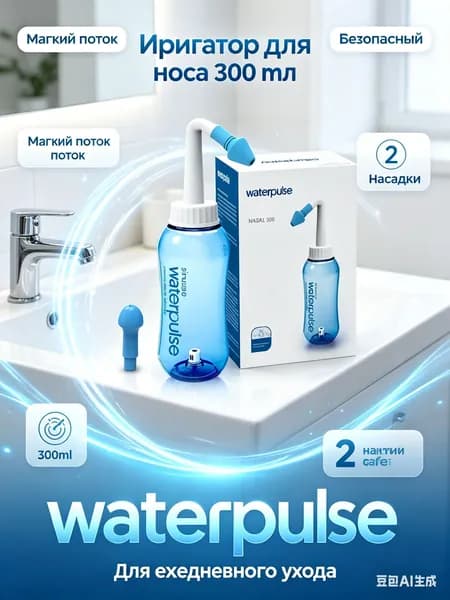 Ирригатор для промывания носа Waterpulse, ручной промыватель, 2 насадки (взрослая/детская), регулировка потока, изогнутый носик 60