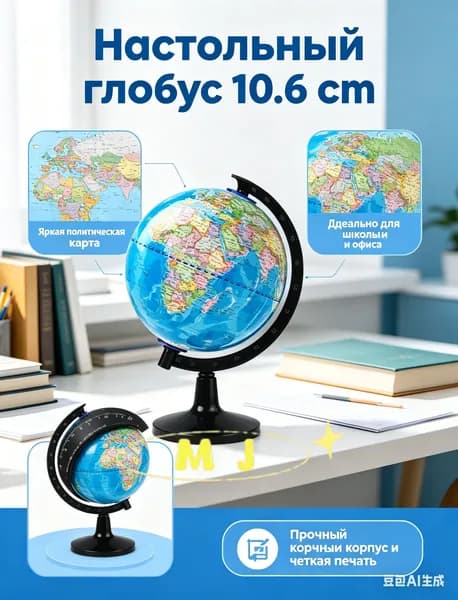 Глобус настольный 10.6 см сувенирный, политическая карта мира - маленький интерьерный глобус для детей и школы, подарок в офис