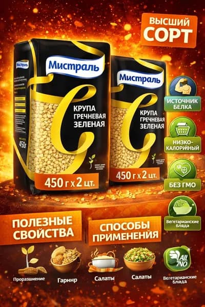 Крупа гречневая МИСТРАЛЬ зеленая высший сорт, 450г x 2 упаковки