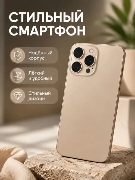 Модель телефона для iPhone 16 Pro, пустынный цвет, с черным стеклянным экраном