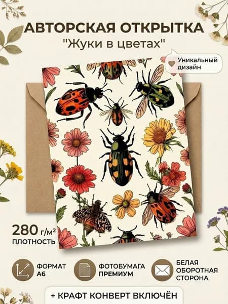 Авторская открытка "Жуки в цветах"