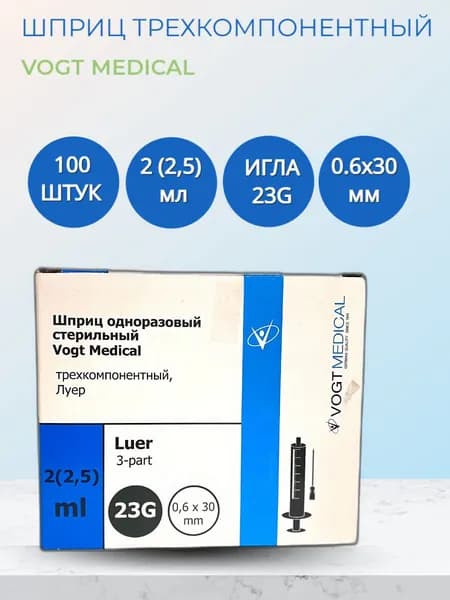 Шприц трехкомпонентный 2 мл Vogt Medical