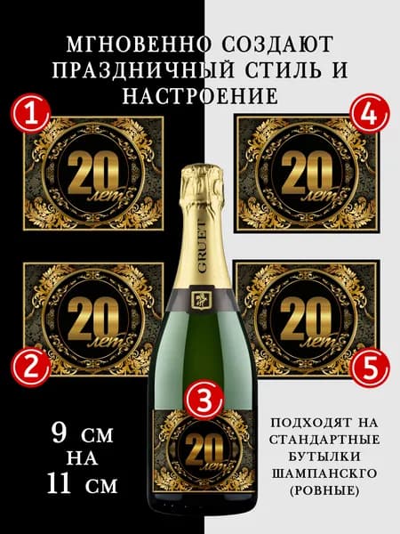 Наклейки на бутылки шампанского на юбилей 20 лет