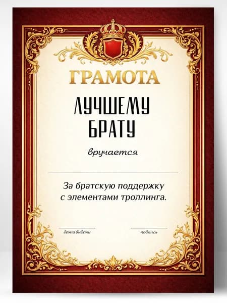 Грамота диплом в подарок - Лучшему брату
