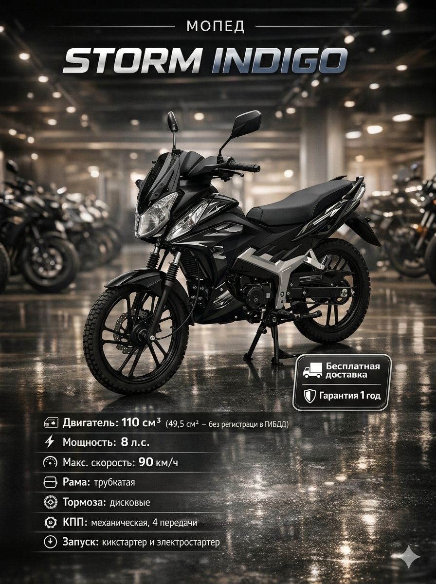 Мопед STORM INDIGO BLACK 110 см3 (49.9 см3), 8 л.с., механика 4 передачи, электростартер и кикстартер, для города, для села, для деревни, для взрослых бензиновый