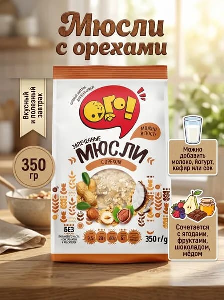 Мюсли запечённые Ого! с орехом, 350г 1 шт