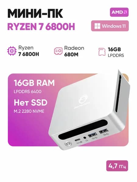 TOPTON Мини-ПК D6 (AMD Ryzen 7 6800H, RAM 16 ГБ, AMD Radeon 680M, Без ОС), D6, зеркальный