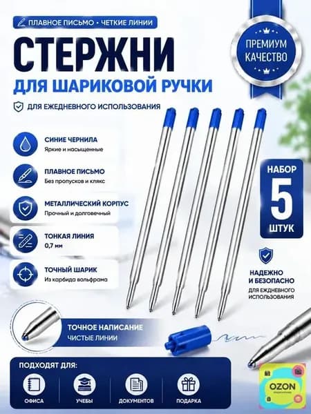 Стержни для шариковой ручки 5 шт., синие чернила, 9,9 см, металлический корпус, сменные стержни для письма