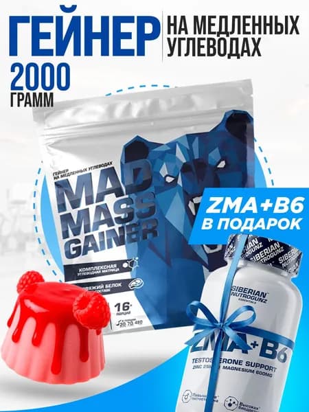 Гейнер Siberian Nutrogunz Mad Mass Gainer 2 кг вкус малиновая панна-котта и ZMA тестобустер