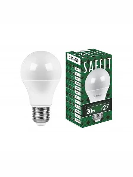 Лампочка светодиодная E27 20W 6400K дневной белый свет, шар груша, Saffit SBA6020