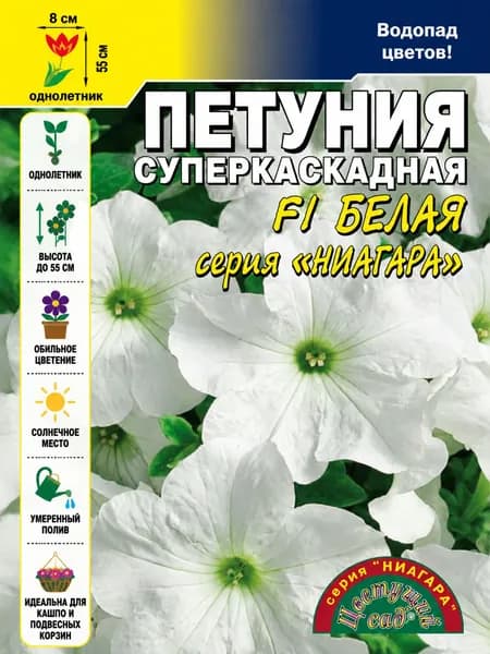 Петуния суперкаскадная крупноцветковая БЕЛАЯ серия НИАГАРА (Семена Цветущий Сад, 10 драже в ампуле)