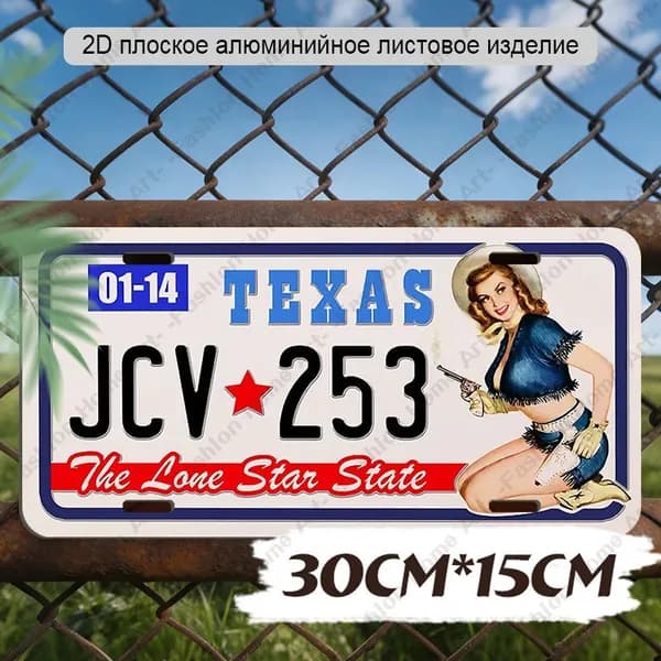 30cm*15cm, 2D плоская алюминиевая номерная табличка Техас с пин-ап ковбойкой в американском винтажном стиле