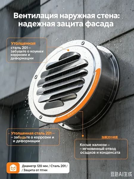 Решетка вентиляционная круглая, 120 мм - нержавеющая сталь 201 для наружной стены, фасадный дефлектор вытяжки