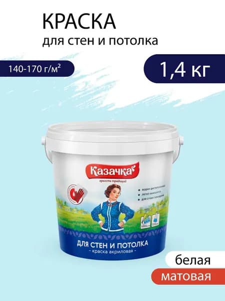 Краска для стен и потолка акриловая интерьерная, матовая, белая 1,4 кг
