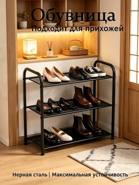 Черный 3-ярусный металл. обувной шкафчик, 60 см