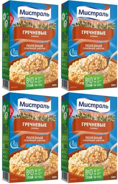 Хлопья Мистраль гречневые, комплект: 4 упаковки по 400 г