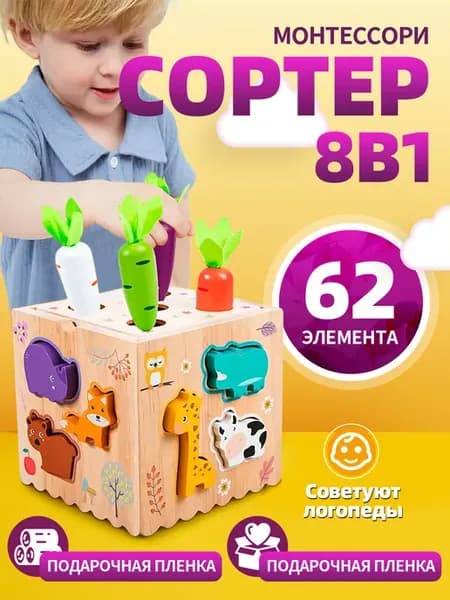 Сортер 8 в 1 деревянный развивающий, игрушка Монтессори