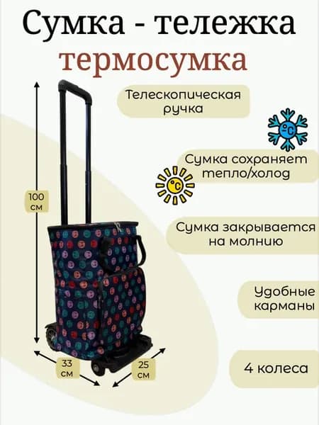 Сумка тележка хозяйственная с термосумкой на колесах