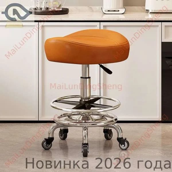 Ортопедический стул, Искусственная кожа, Модель с подножкой, без спинки, оранжевый цвет, с шумоподавляющими колёсами в резиновой оболочке