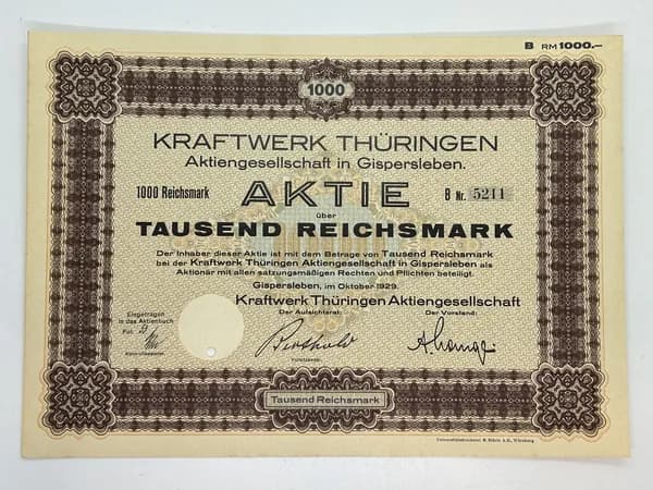 Акция Германия. АО Электростанция Тюрингии, 1000 Рейхсмарок 1929 год №66