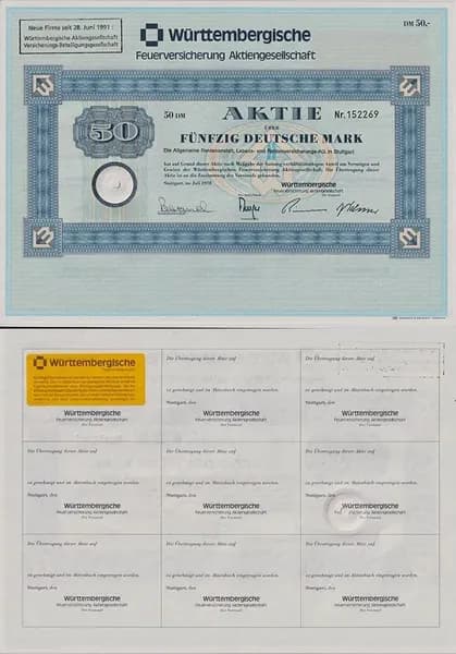 Германия, Акционерное общество по страхованию от пожаров Вюртемберга 50 марок 1978 год