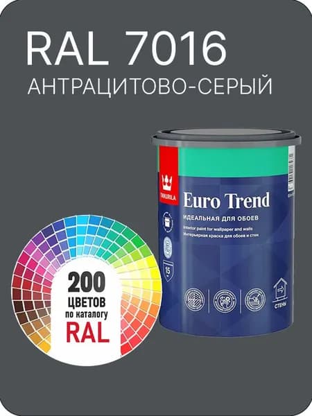 Краска по обоям для стен и потолка Tikkurila Euro Trend антрацитово серый Ral 7016 0.9 л.