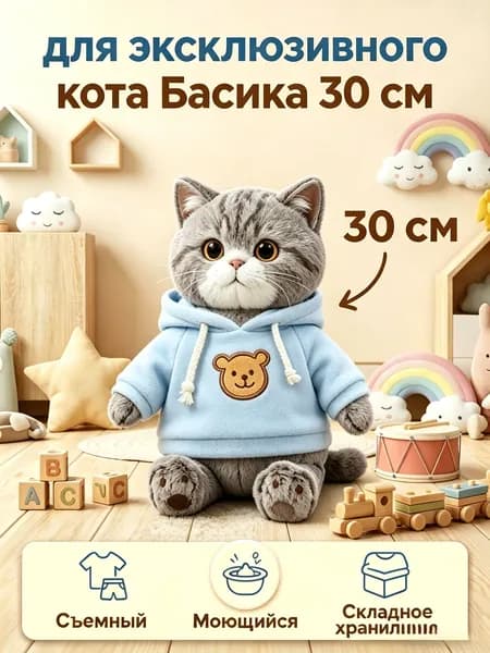 Худи с вышивкой медвежонка для плюшевого кота Басика ростом 30 см, мягкий флис, съемная одежда для кукол
