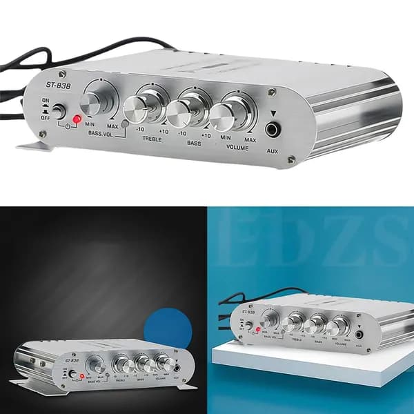 Усилитель ST-838 2.1 канала Hi-Fi с регулировкой НЧ и ВЧ, алюминиевый корпус, 12 В