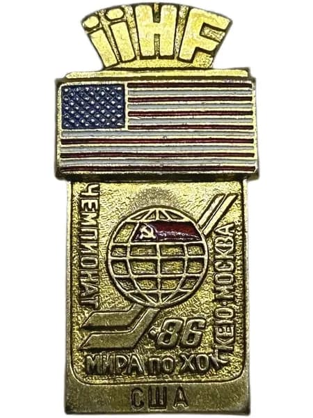 Знак Чемпионат мира по хоккею Москва 1986 год. Эмблема США. Алюминий, на булавке. Советский значок.
