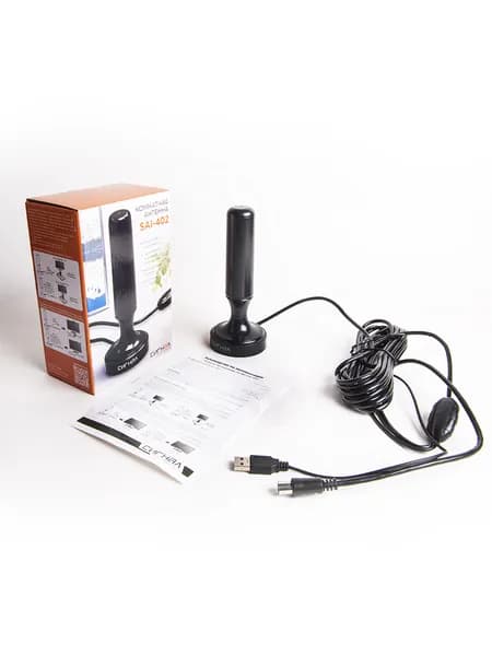 Антенна телевизионная комнатная Сигнал SAI 402, цифровая DVB-T2, UHF (ДМВ), DVB-T, активная, усиление ТВ сигнала 22-25 дБ, магнитная подставка, черная