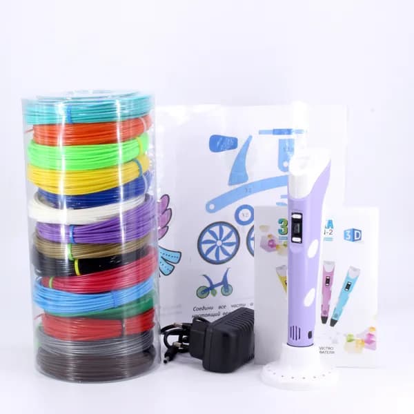 3Д ручка фиолетовая НИТ-Pen2 + PLA пластика для 3Д ручки "НИТ" из 15 цветов + 4 трафарета, набор в тубусе