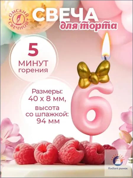 Омский свечной Свечи для торта цифра 6, 6 см, 1 шт