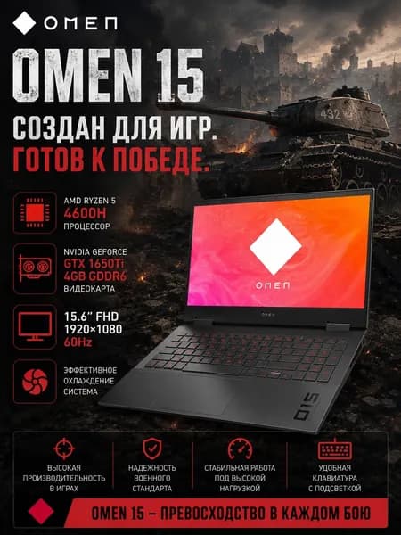 HP Игровой ноутбук 15.6", AMD Ryzen 5 4600H, RAM 16 ГБ, SSD 512 ГБ, NVIDIA GeForce GTX 1650 Ti (4 Гб), Windows Pro, серый металлик, Английская раскладка