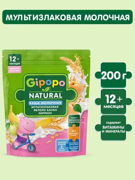 Каша мультизлаковая детская Gipopo с 12 месяцев, молочная, с яблоком, бананом, абрикосом, 200 г