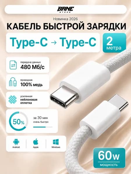 Кабель Type-C Type-C 60W 2 метра нейлоновый / провод тайп си быстрая зарядка / iPhone 15-17 Samsung Xiaomi