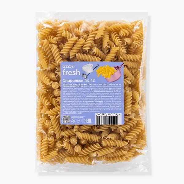 Макароны Ozon fresh Fusilli Спиральки №42 из твёрдых сортов пшеницы, 400 г