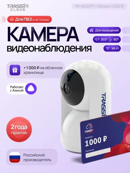 Камера видеонаблюдения wifi, поворотная 2 Мп Trassir TR-W2S1PT + Облако 1000, видеокамера для дома