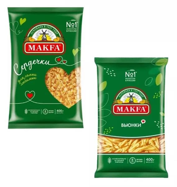 Makfa Набор макаронных изделий Сердечки, Вьюнки по 400 г /