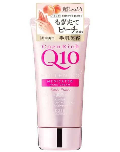 KOSE Крем для рук CoenRich Q10 Отбеливающий интенсивно увлажняющий с ароматом персика, 80 гр. туба