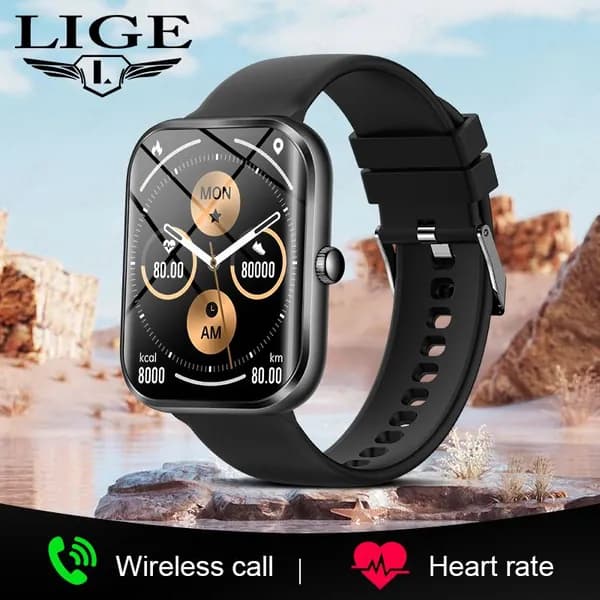 LIGE Смарт-часы Bluetooth 5.1 NFC IP67 1.96 IPS 320x386 пульс давление SpO2 сон 250mAh DAfit unisex металлический сплав, 47.5mm, Черная силиконовая лента